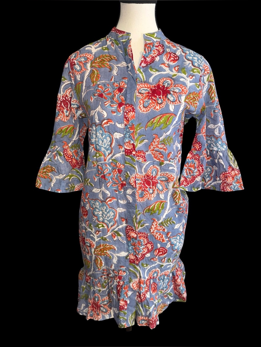 Perry Walker Collective Floral Shirt Dress Size 4 Blue Button Front Bell Sleeve